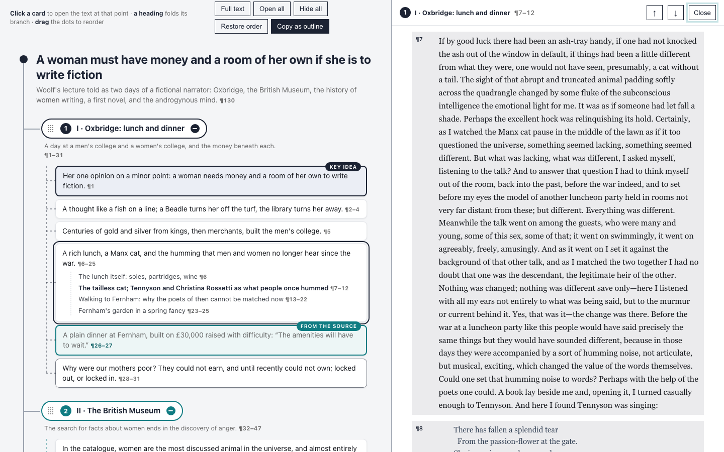 A reader map of A Room of One's Own on a laptop-width screen: the outline on the left, with the card for the lunch at Oxbridge marked, and the full text open on the right at the paragraphs that card covers, tinted in the branch colour